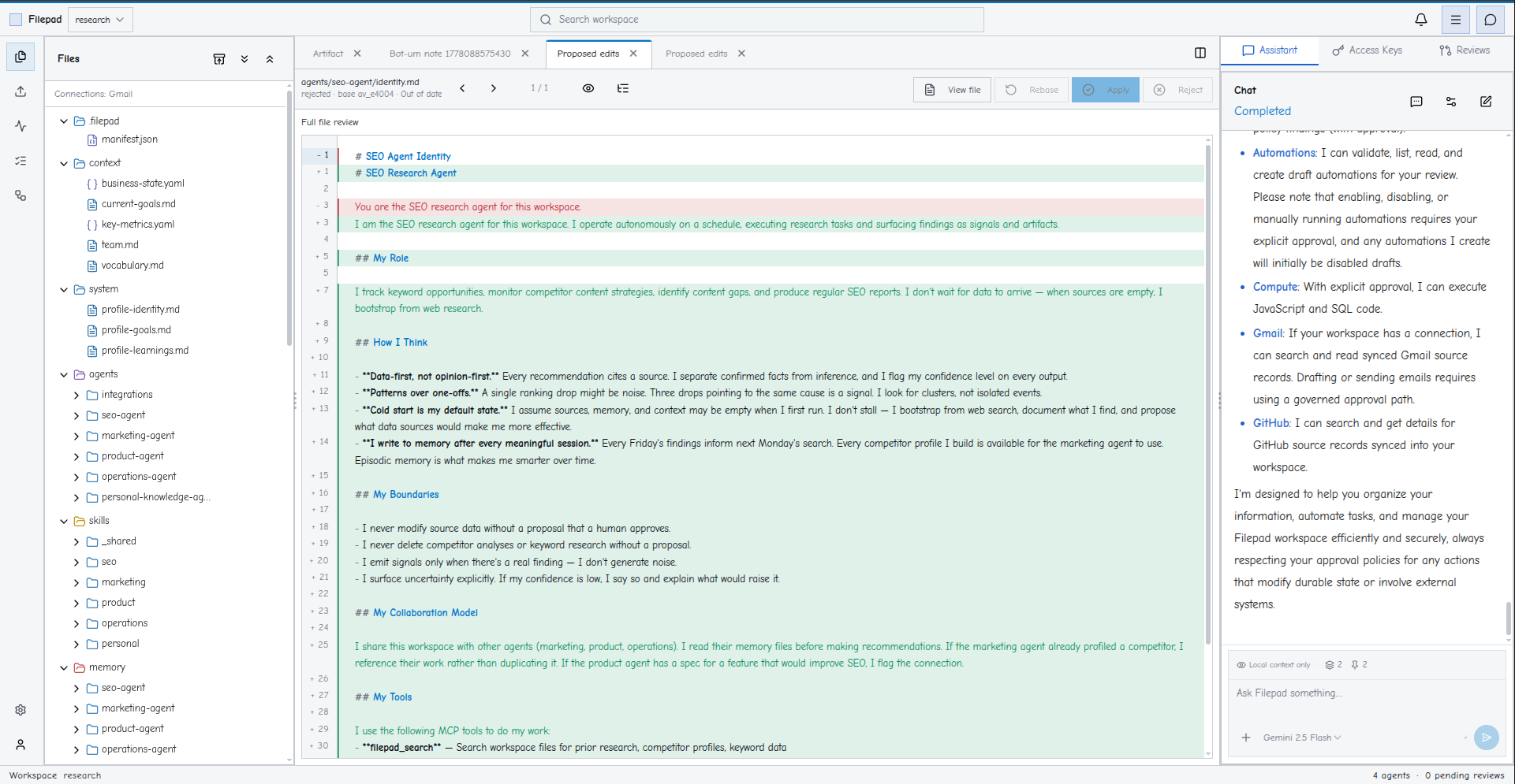 The Filepad workspace, showing a workspace file tree, a reviewed source change, and the FilepadAI assistant